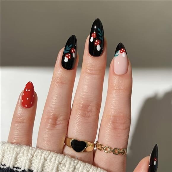 24-Piece Mushroom and Polka Dot Almond Shape Press On Nails - Picture 1 of 6